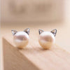 Creative Simple Craft Cute Animal Silver Jewelry Small Cat Hollow Pierced Pearl Female Earrings - Image 1