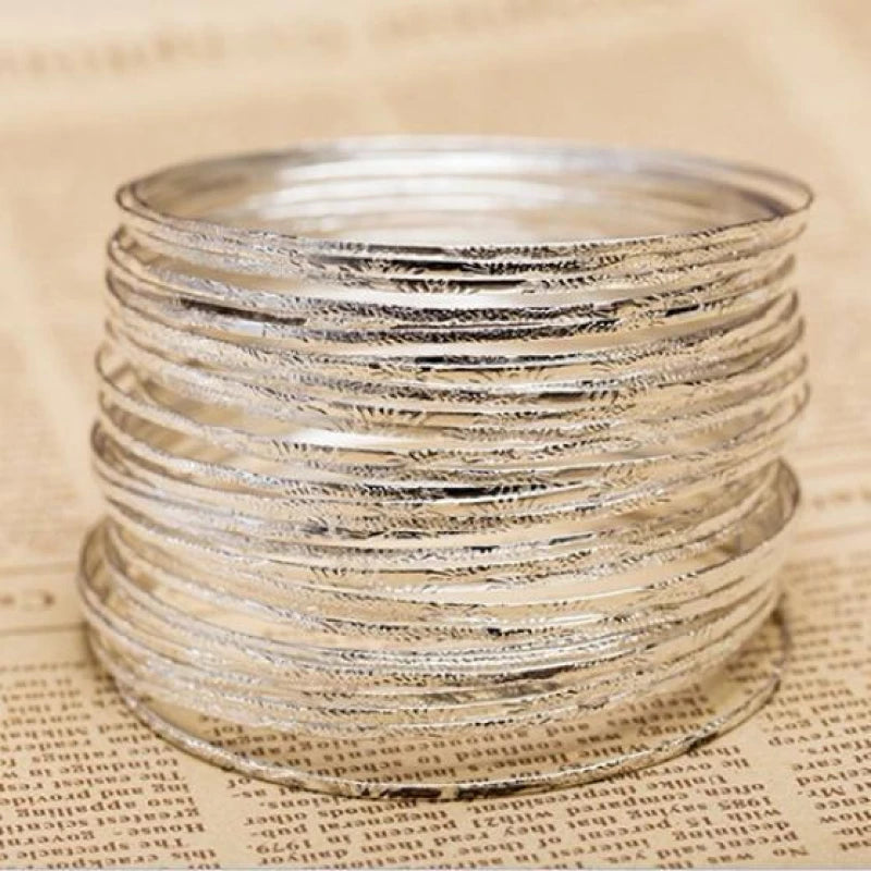 10pcs Etched Dimpled Circle Silver Color Bangles Bracelets Women Men Lovers Jewelry Gifts - Image 1