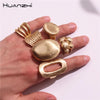 HUANZHI Chunky Gold Color Rings for Women Men Elastic Rope Connection Irregular Geometric Hollow Matte  Trend  Jewelry