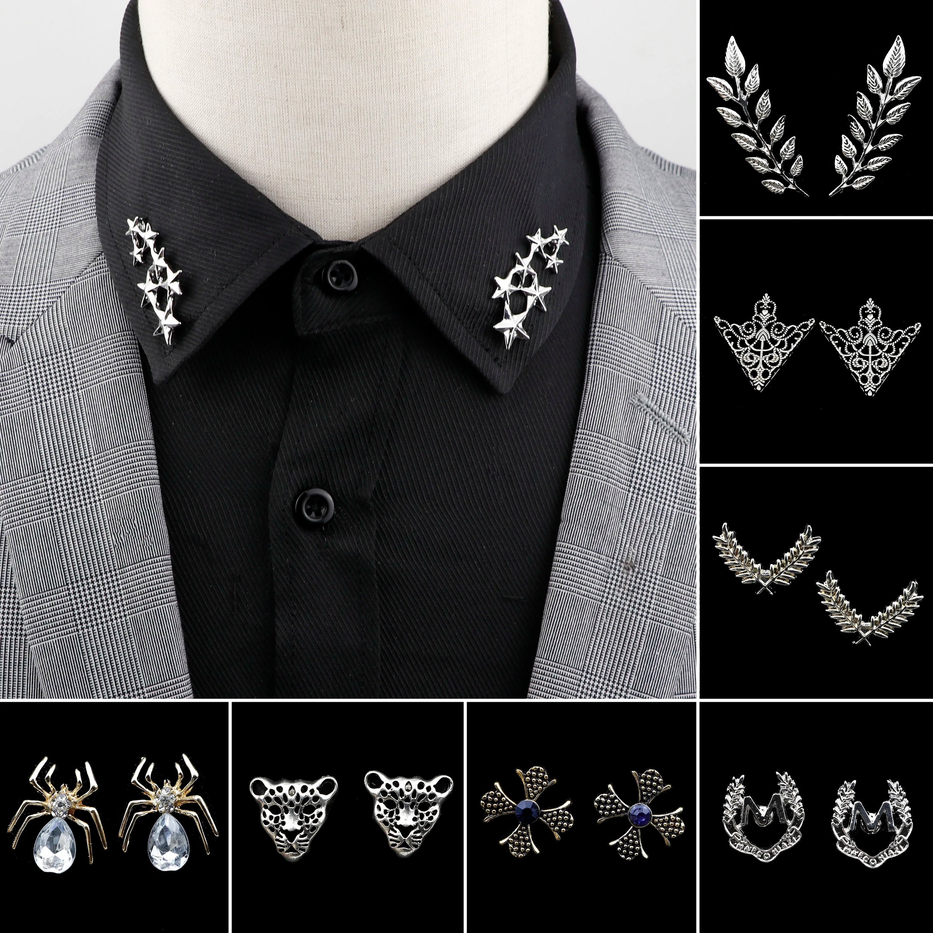 1 Pair Retro Lapel Pin Brooch Vintage Tree Leaf Collar Pin Hollowed Out Crown Shirts Suits Breastpin Jewelry Accessories - Image 1