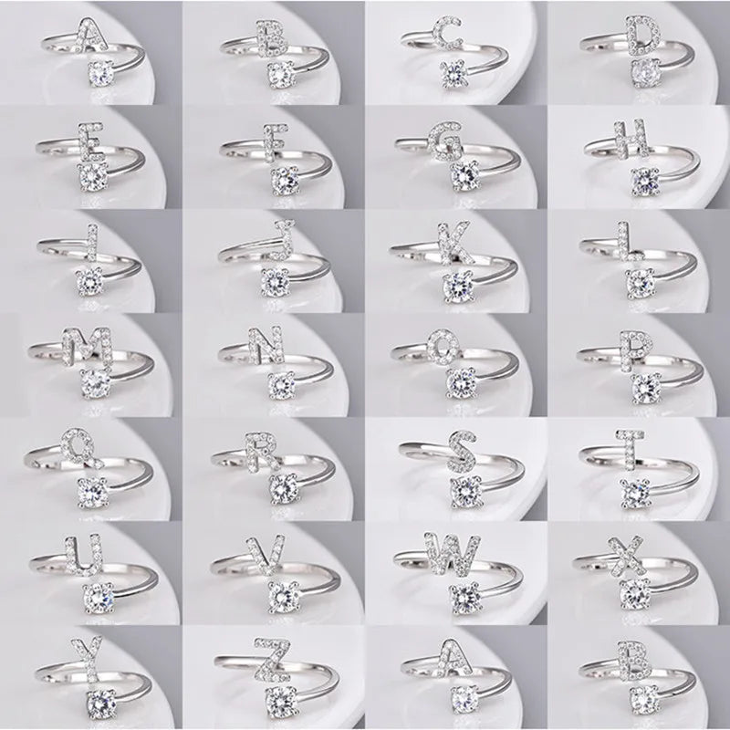 Buyee Silver English Alphabet Ring for Women Light White Zircon Ring Circle Jewelry Gift - Image 1