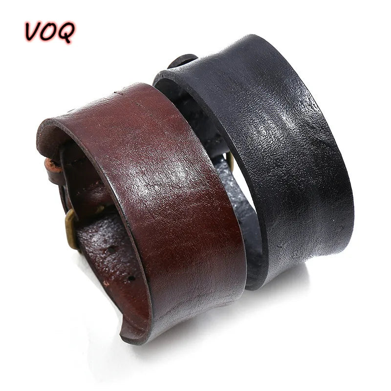 Voq Vintage Single Layer Cowhide Leather Wide Wristband Adjustable Cuff Bangles for Men Women Friendship Bracelets - Image 1