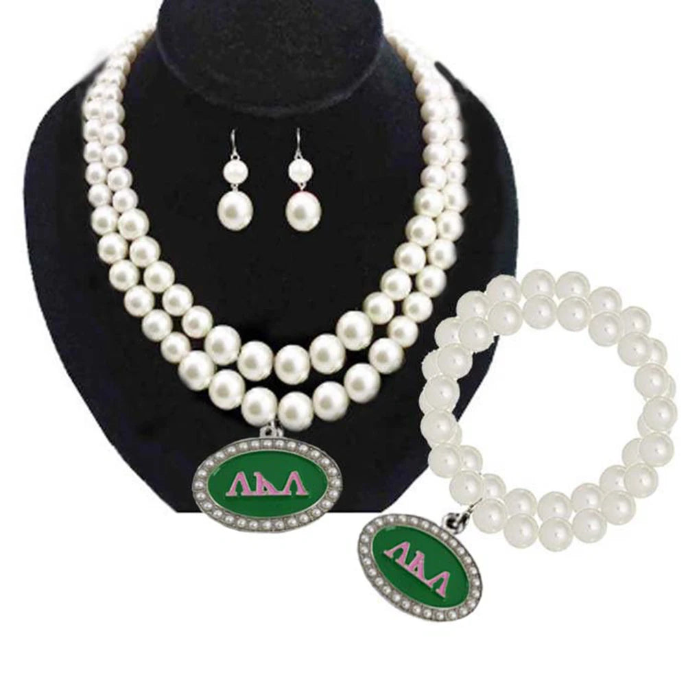 Handmade Greek Sorority Double Deck Pearl Necklace Bracelet Letter Fittings Pendant Jewellery Set