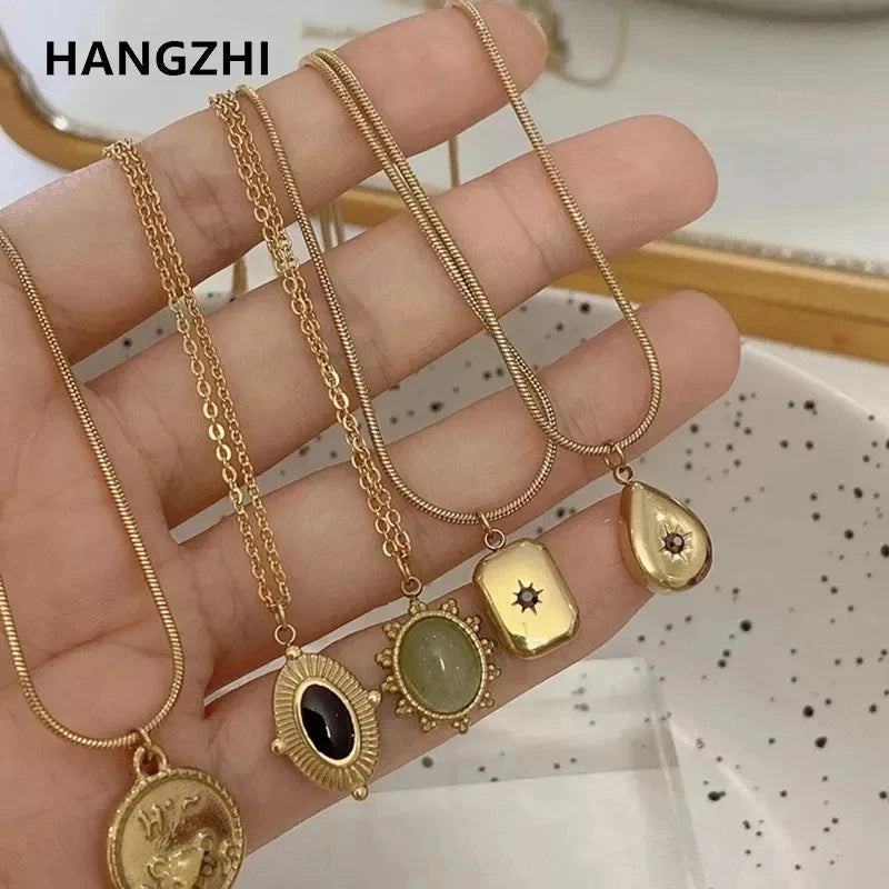 HangZhi   Korean Vintage Water Drop Star Round Bear Oval Pendant Necklace Geometric Gold Color Titanium Steel Jewelry