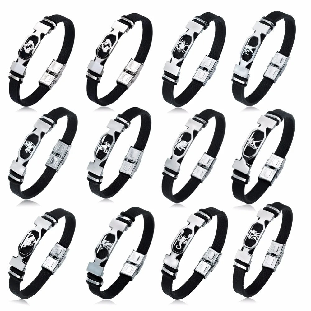 Stainless Steel 12 Constellation Bracelets Zodiac Black Leather Couple Bracelet For Men And Women Jewelry Hombre - Image 1