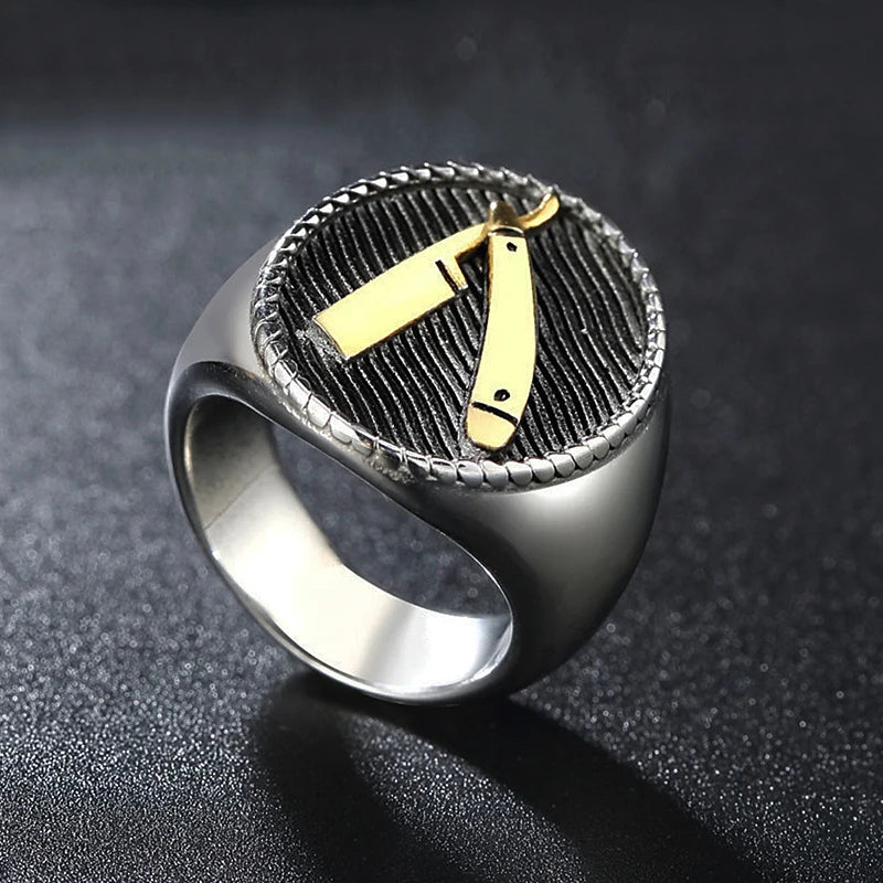 Heavy Sugar Barber Knife Ring Men Gold/Silver Color Stainless Steel Razor Signet Ring Male Cool Punk Style Barber Jewlery - Image 1