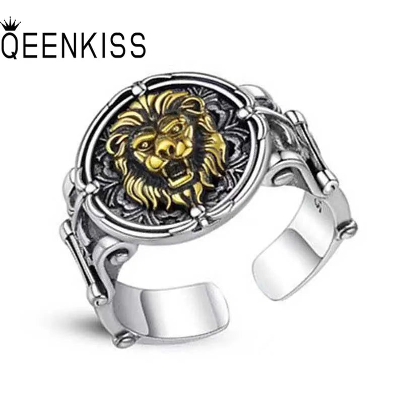 Qeenkiss Silver Ring for Men Father Vintage Adjustable Lion King Ring Jewelries Party Gift - Image 1