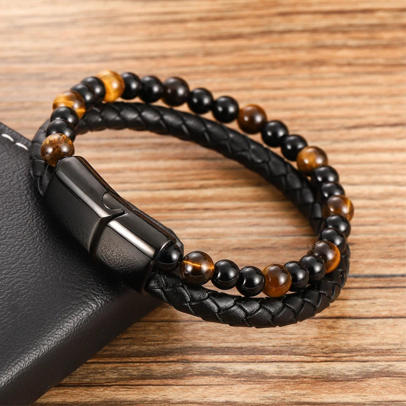 Charm Men Bracelet Rope Stainless Steel Magnetic Stone Leather Beaded Braclet Volcanic Stone bracelet bangles Chain Gift - Image 1