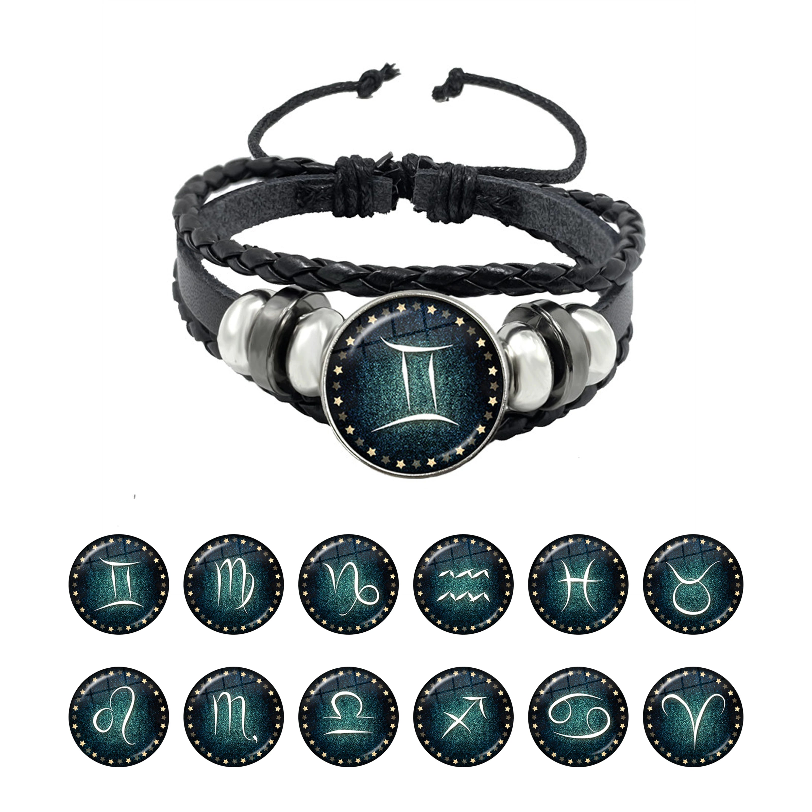 Libra/Scorpio/Sagittarius/Capricorn/Aquarius/Pisces 12 Constellations Black Wrist Charm Leather Snap Bracelet Jewelry Gift - Image 1