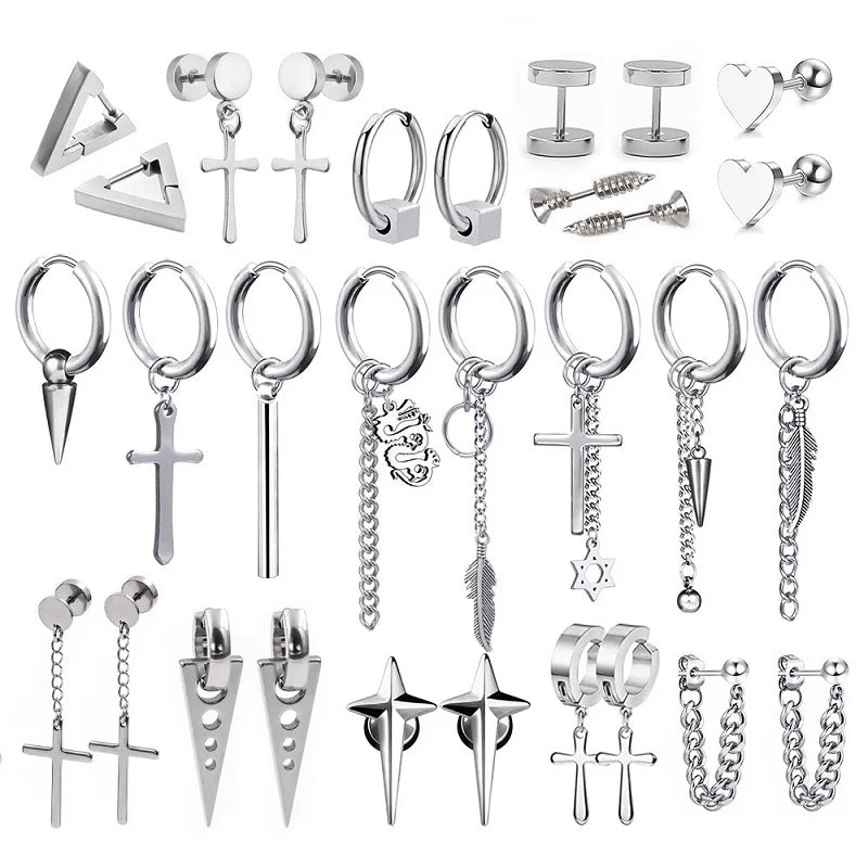 1 Pair Stainless Steel Stud Earrings for Men/Women Cross Pendant Long Tassel Unisex Hoop Earrings Punk Gothic Metal Jewelry - Image 1