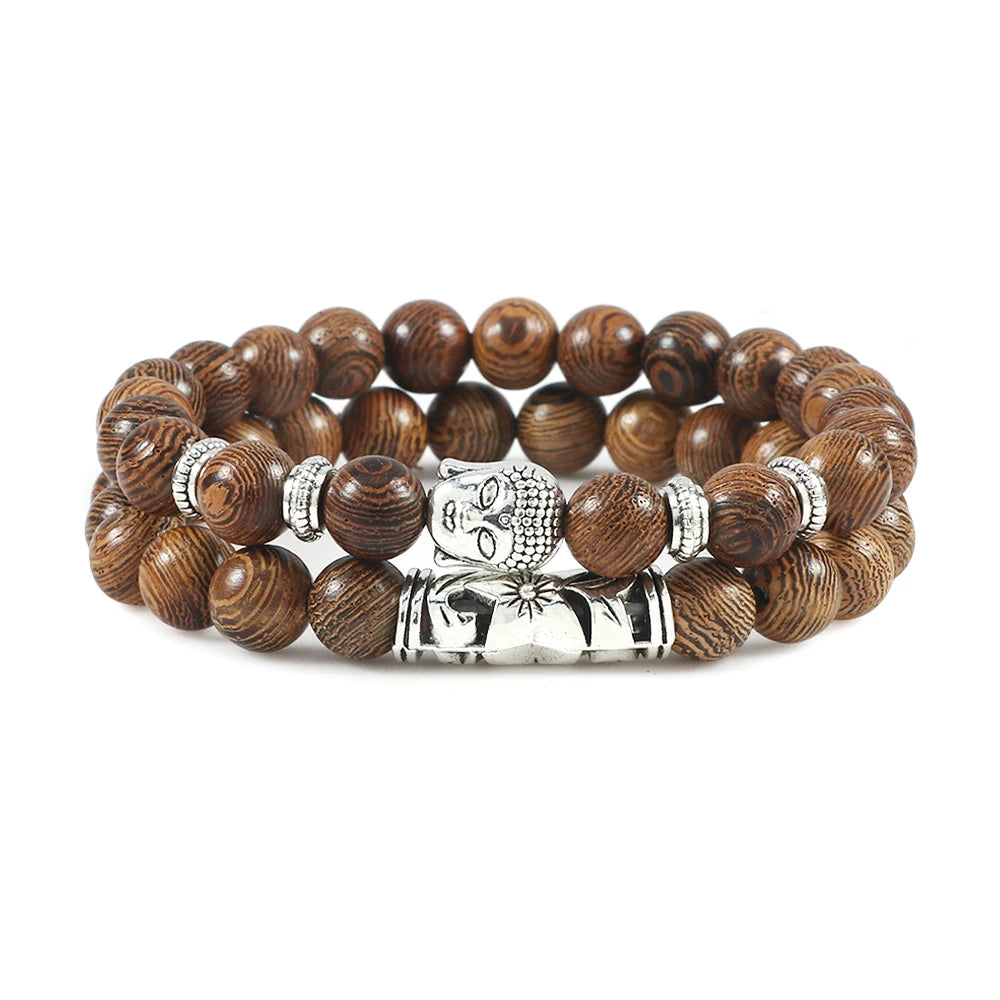 2Pcs/Set Wooden Beaded Buddha Bracelet Stone Bracelets for Men Women Buddhist Meditation Rosary Jewelry Gift - Image 1