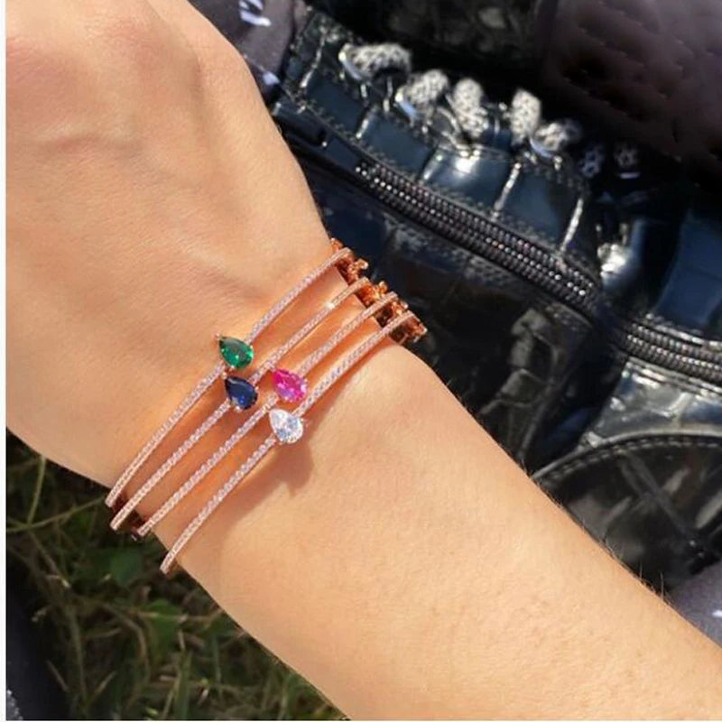 Colorful birthstone red blue green white tear drop CZ bangle bracelet women open cuff bangles - Image 1