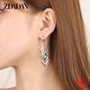 Silver Hollow Blue Crystal Long Drop Earrings For Women Wedding Jewelry Gift - Image 3