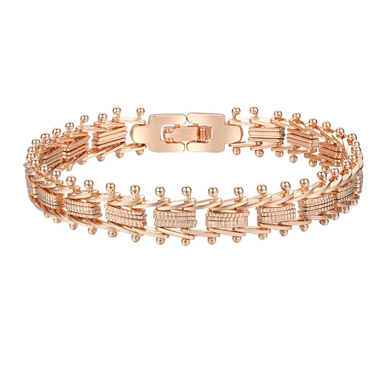 Women Carve Beads Geometric Rose Gold Color Strand Round Ball Chains Bracelets - Image 1