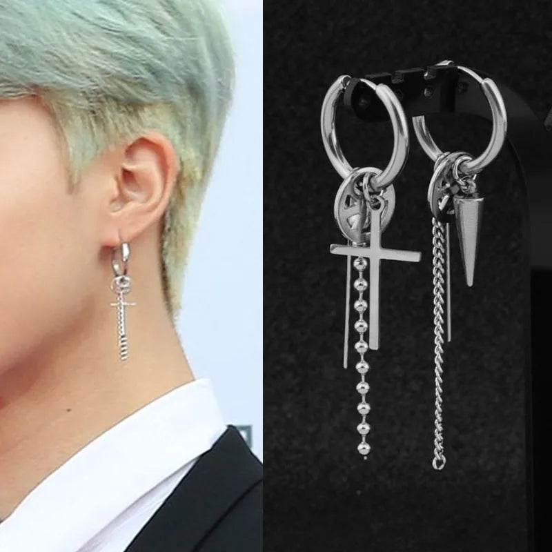 1 PC Boy Korean Punk Stainless Steel Cross Hoop Earring For Men Long Chain Tassel Leaf Moon Rock Hip Hop Piercing Stud Jewelry - Image 1