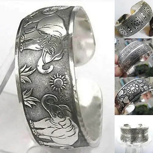 Chinese Style Vintage Tibetan Silver Elephant Carved Flower Geometric Open Bangle Cuff Wide Bracelet Jewelry Gift For Women - Image 1