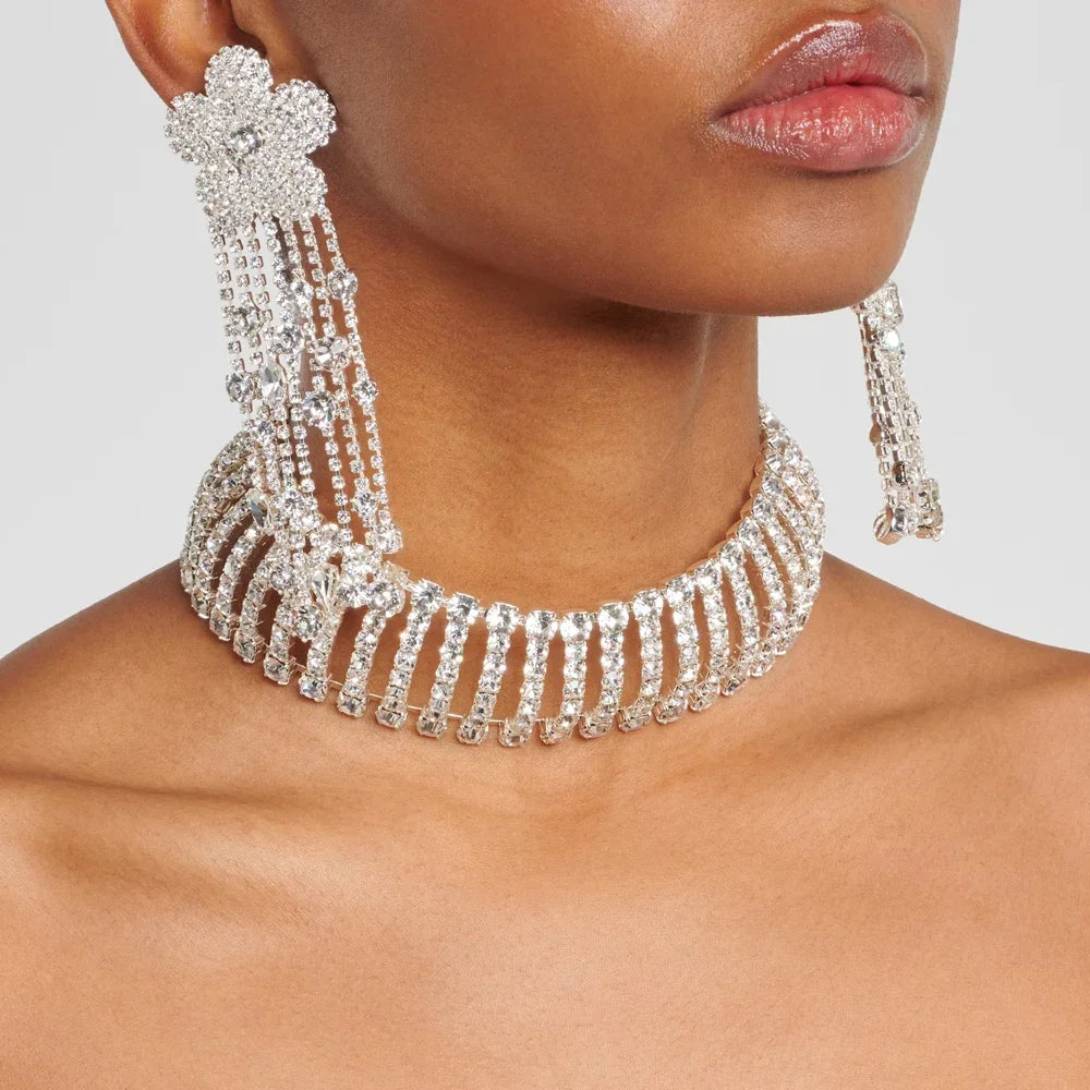 Hollow Rhinestone Choker Earrings Set Flower Tassel Accessories 2024 Elegant Design Lady Indian Bridal Jewelry Sets Girl Gifts