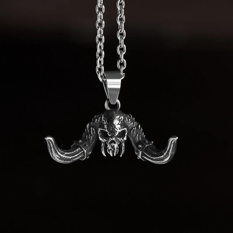 Horns Mens Stainless Steel Necklace Satan Skull Pendant With Feather Gothic Punk Rock Style Monster Skull Jewelry Gift