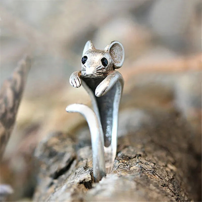 Huitan Cute Mouse Shape Open Ring for Women Antique Silver Color Modern  Girls Finger Accessories Hip Hop Party Jewelry