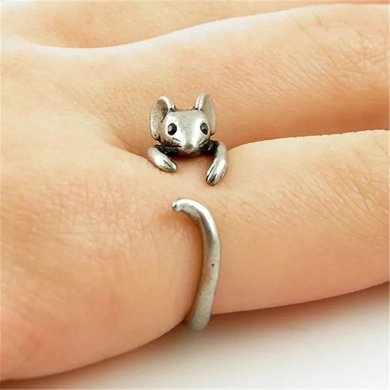 Huitan Cute Mouse Shape Open Ring for Women Antique Silver Color Modern  Girls Finger Accessories Hip Hop Party Jewelry