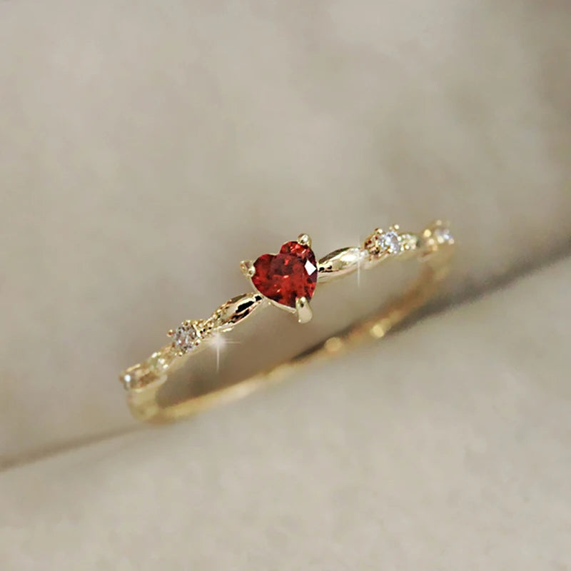 Huitan Exquisite Red Love CZ Engagement Proposal Rings for Women Thin Band Aesthetic Female  Jewelry Fancy Birthday Gift