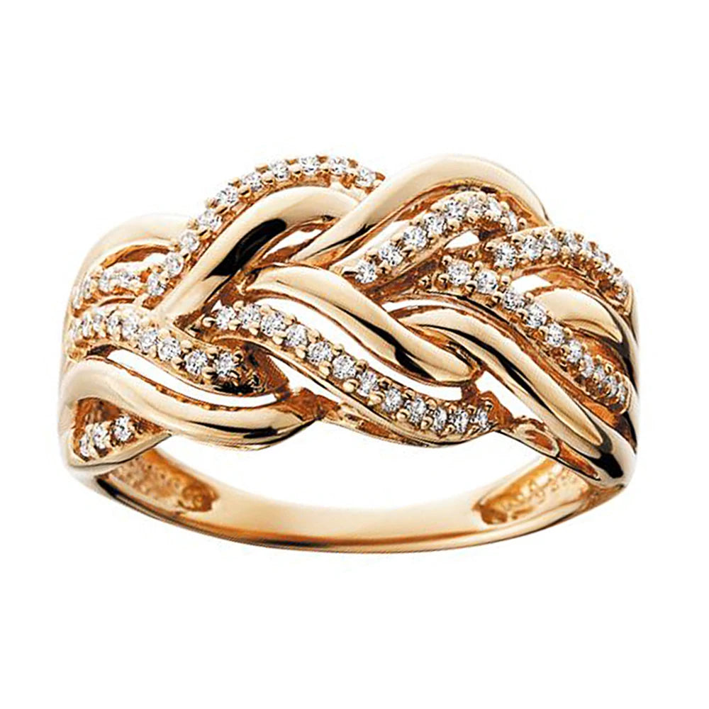 Huitan Hot Trend Gold Color Rings for Women Twist Design   Inlaid Shiny CZ    Wedding Engagement Jewelry Bulk