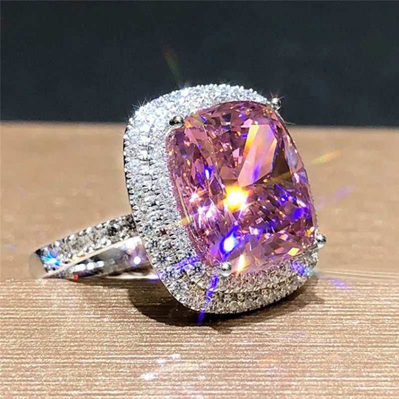 Huitan Personality Big Pink Cubic Zirconia Wedding Rings for Women Romantic Bridal Marriage Ceremony Party Rings  Jewelry