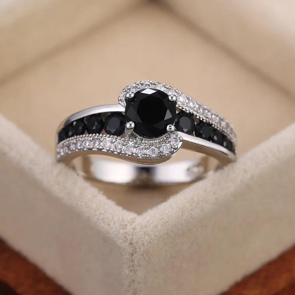 Huitan Special-interest Black Stone Women Wedding Ring Dazzling Crystal Zircon Delicate Gift   Female Classic Jewelry