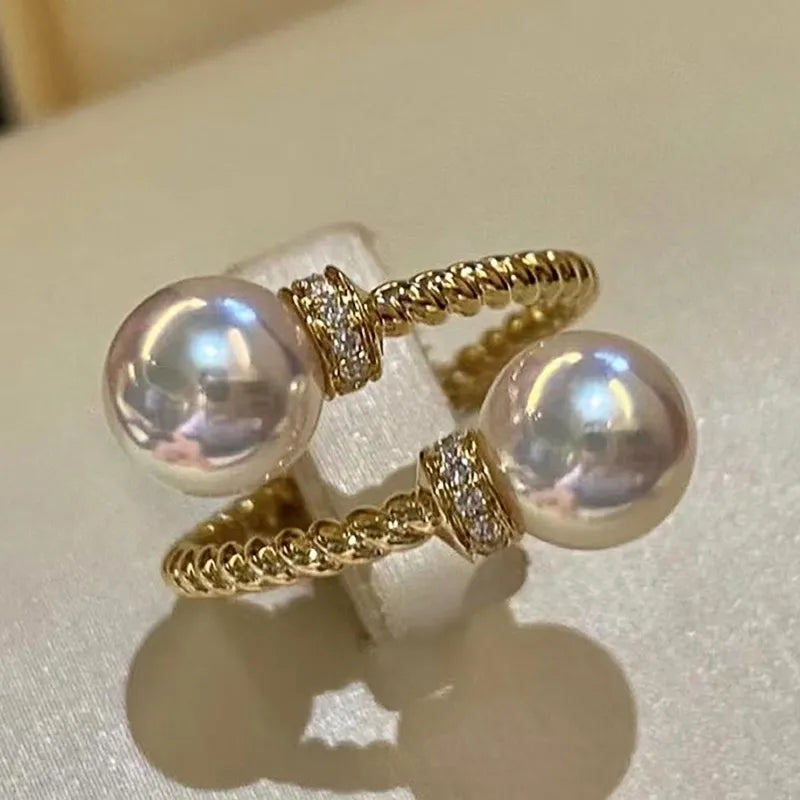 Huitan Temperament Double Imitation Pearl Open Ring Twist Gold Color Band   Women's Accessories Wedding Jewelry 2023