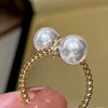 Huitan Temperament Double Imitation Pearl Open Ring Twist Gold Color Band   Women's Accessories Wedding Jewelry 2023