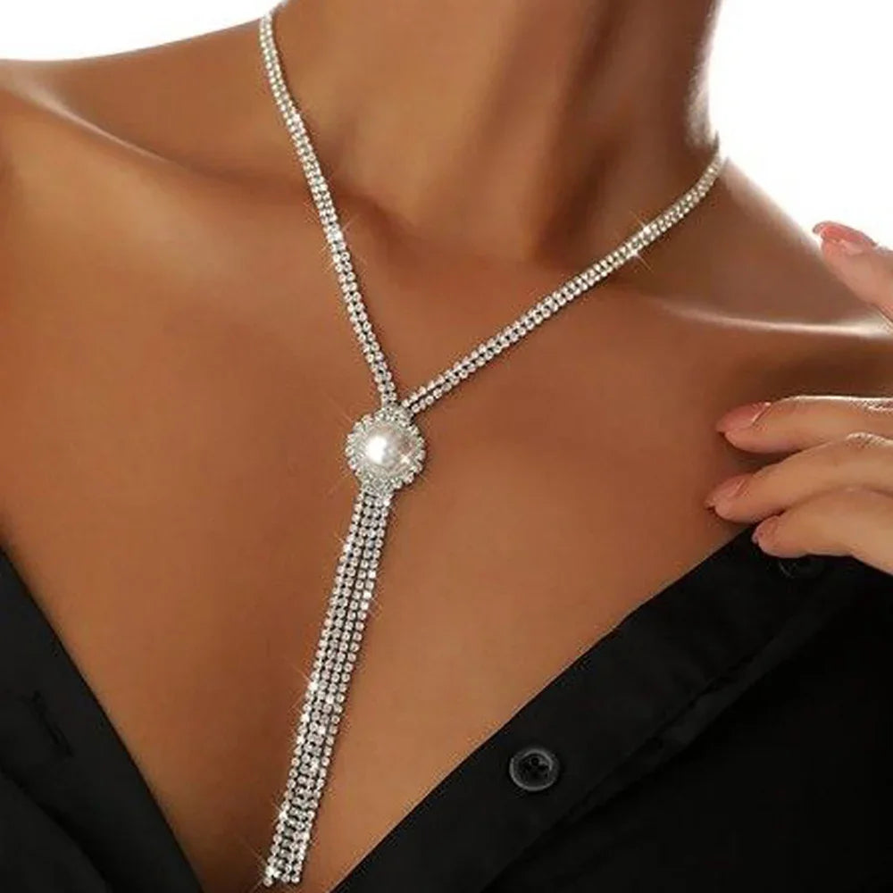 INS Shiny Rhinestone Pearl Long Tassel Necklace Ladies Personality All Match Party Dance Clavicle Chain Necklace Jewelry