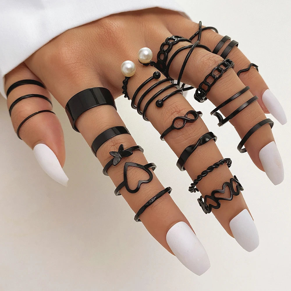 IPARAM Boho 22 Pieces Set Rings for Women Black Paint Coating Butterfly Heart Geometric Chain Hollowed Ring  Jewelry Gift
