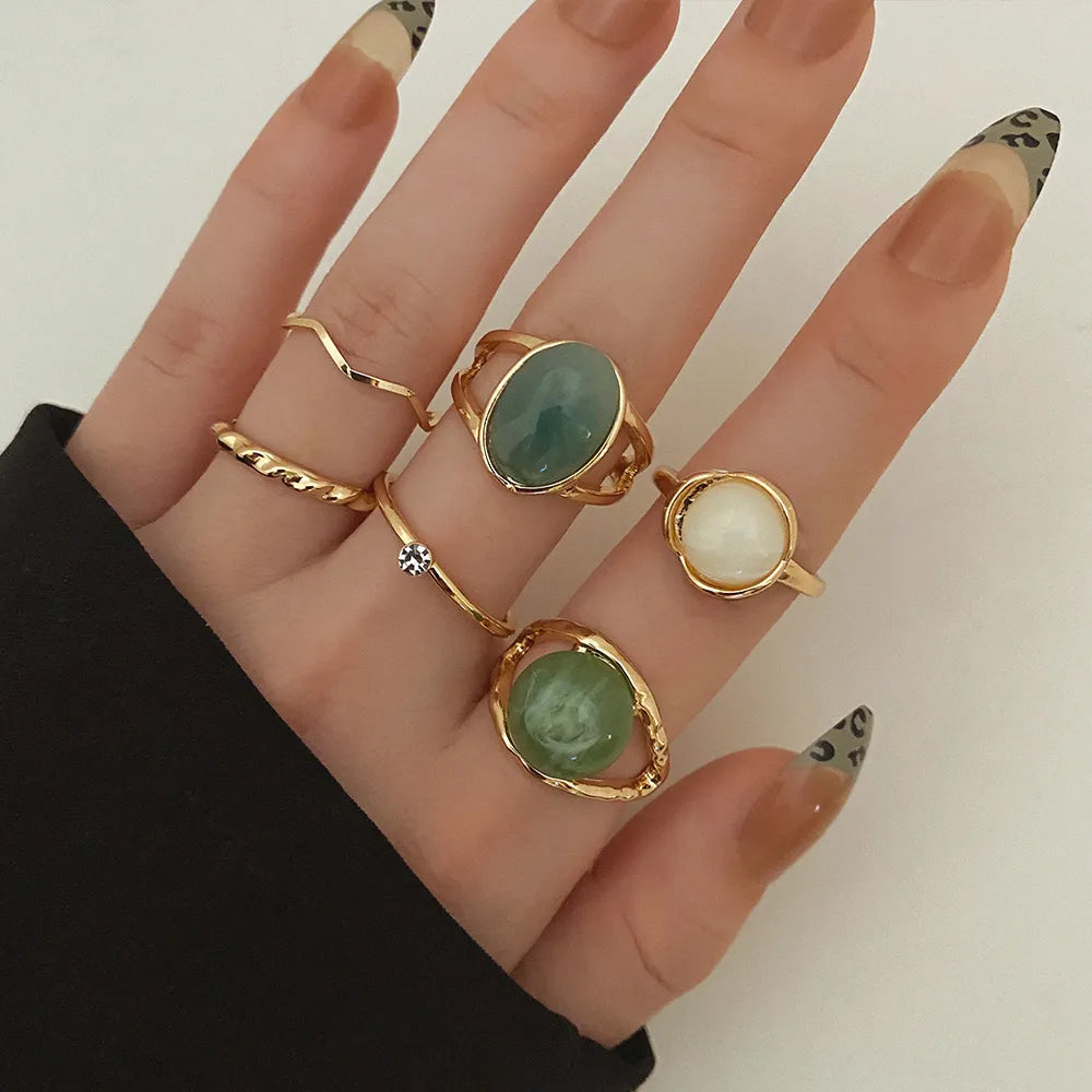 IPARAM Elegant Emerald White Man-made Rings Set for Women Vintage Crystal Geometric Finger Ring  Jewelry
