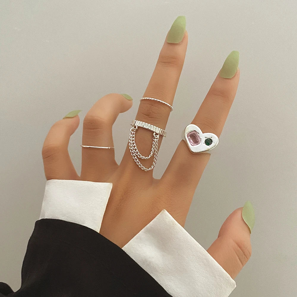 IPARAM Elegant Emerald White Man-made Rings Set for Women Vintage Crystal Geometric Finger Ring  Jewelry