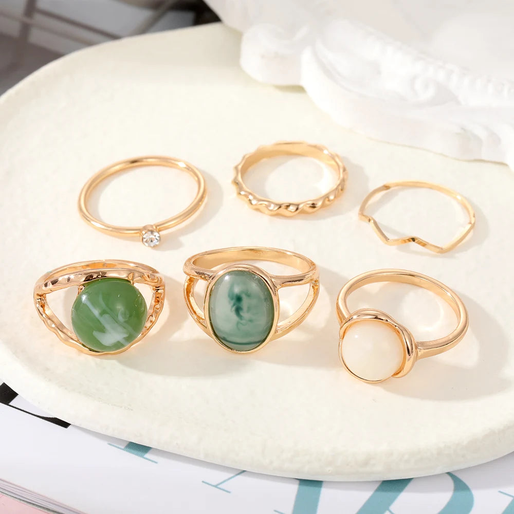 IPARAM Elegant Emerald White Man-made Rings Set for Women Vintage Crystal Geometric Finger Ring  Jewelry