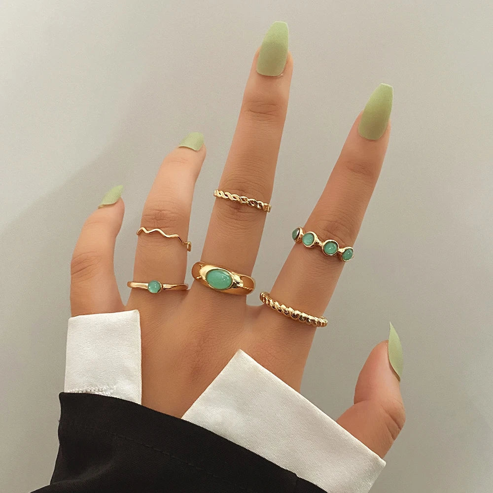 IPARAM Elegant Emerald White Man-made Rings Set for Women Vintage Crystal Geometric Finger Ring  Jewelry