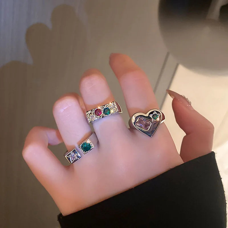IPARAM Elegant Emerald White Man-made Rings Set for Women Vintage Crystal Geometric Finger Ring  Jewelry