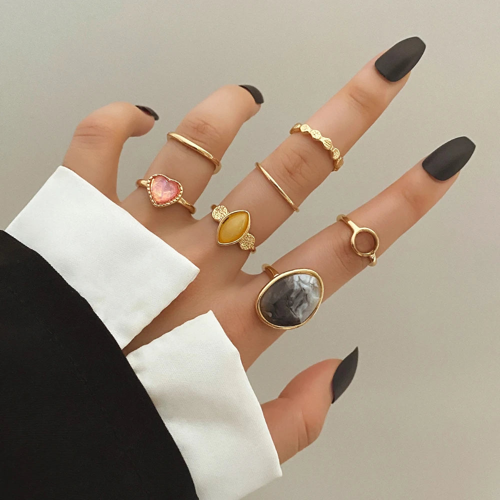 IPARAM Elegant Emerald White Man-made Rings Set for Women Vintage Crystal Geometric Finger Ring  Jewelry