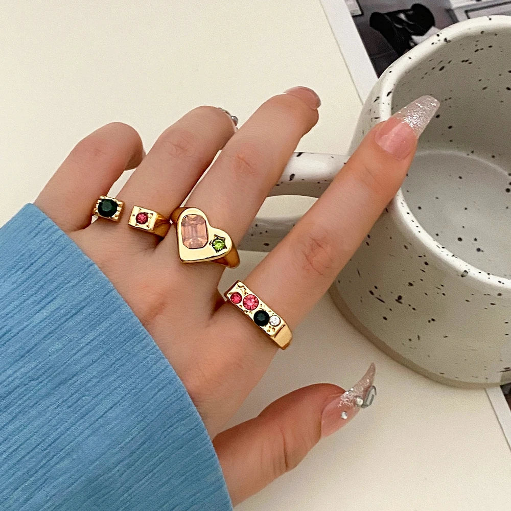 IPARAM Elegant Emerald White Man-made Rings Set for Women Vintage Crystal Geometric Finger Ring  Jewelry