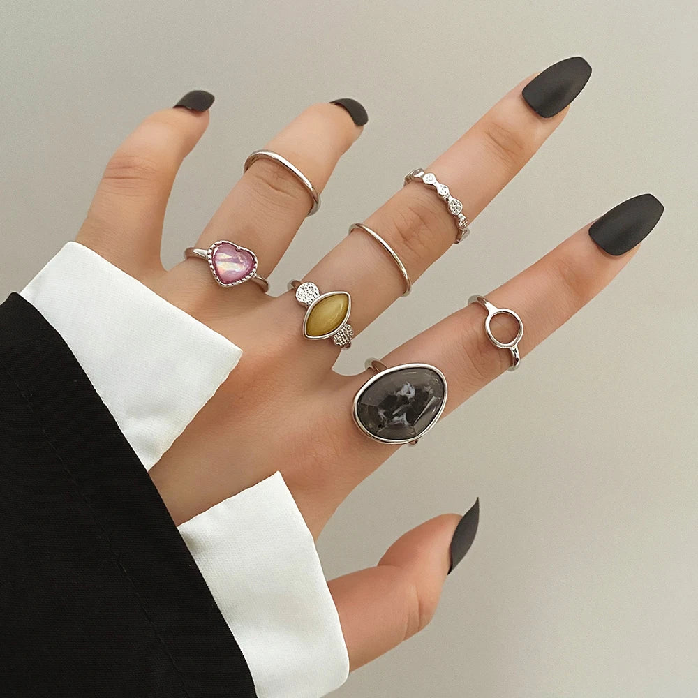 IPARAM Elegant Emerald White Man-made Rings Set for Women Vintage Crystal Geometric Finger Ring  Jewelry