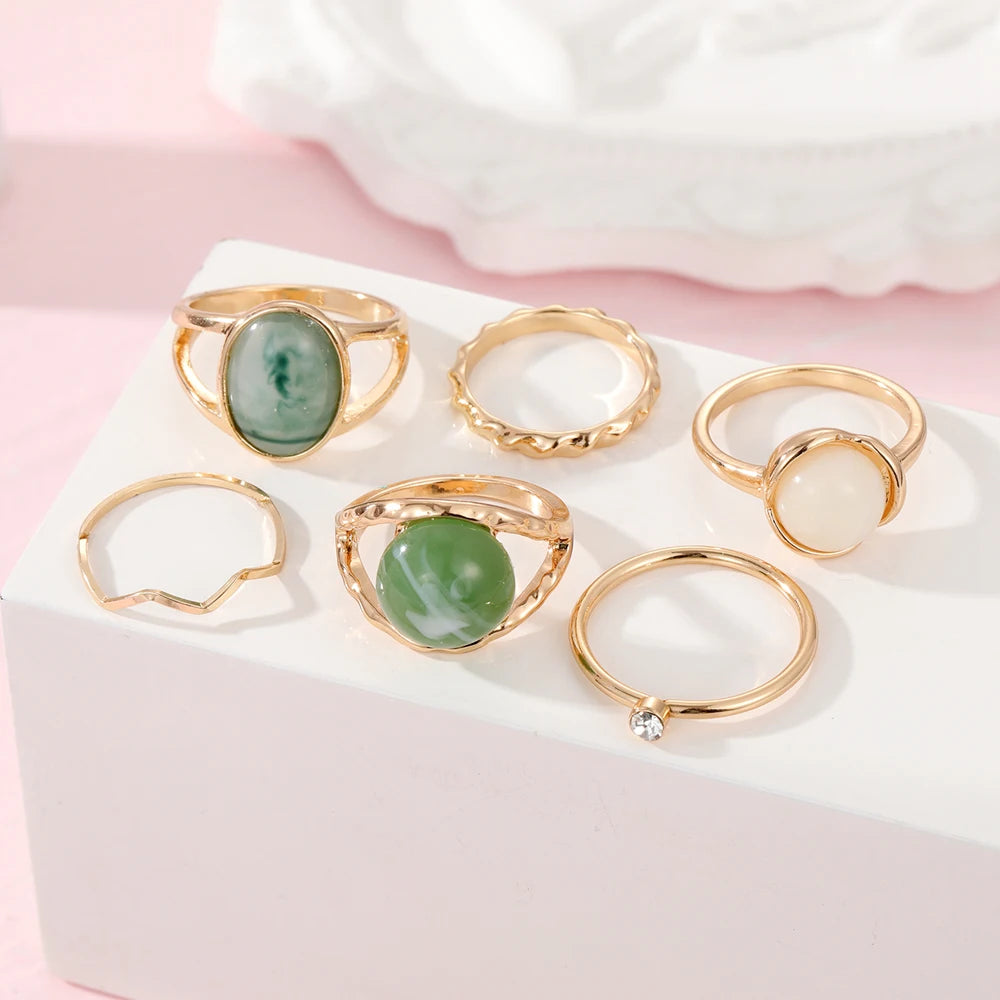 IPARAM Elegant Emerald White Man-made Rings Set for Women Vintage Crystal Geometric Finger Ring  Jewelry