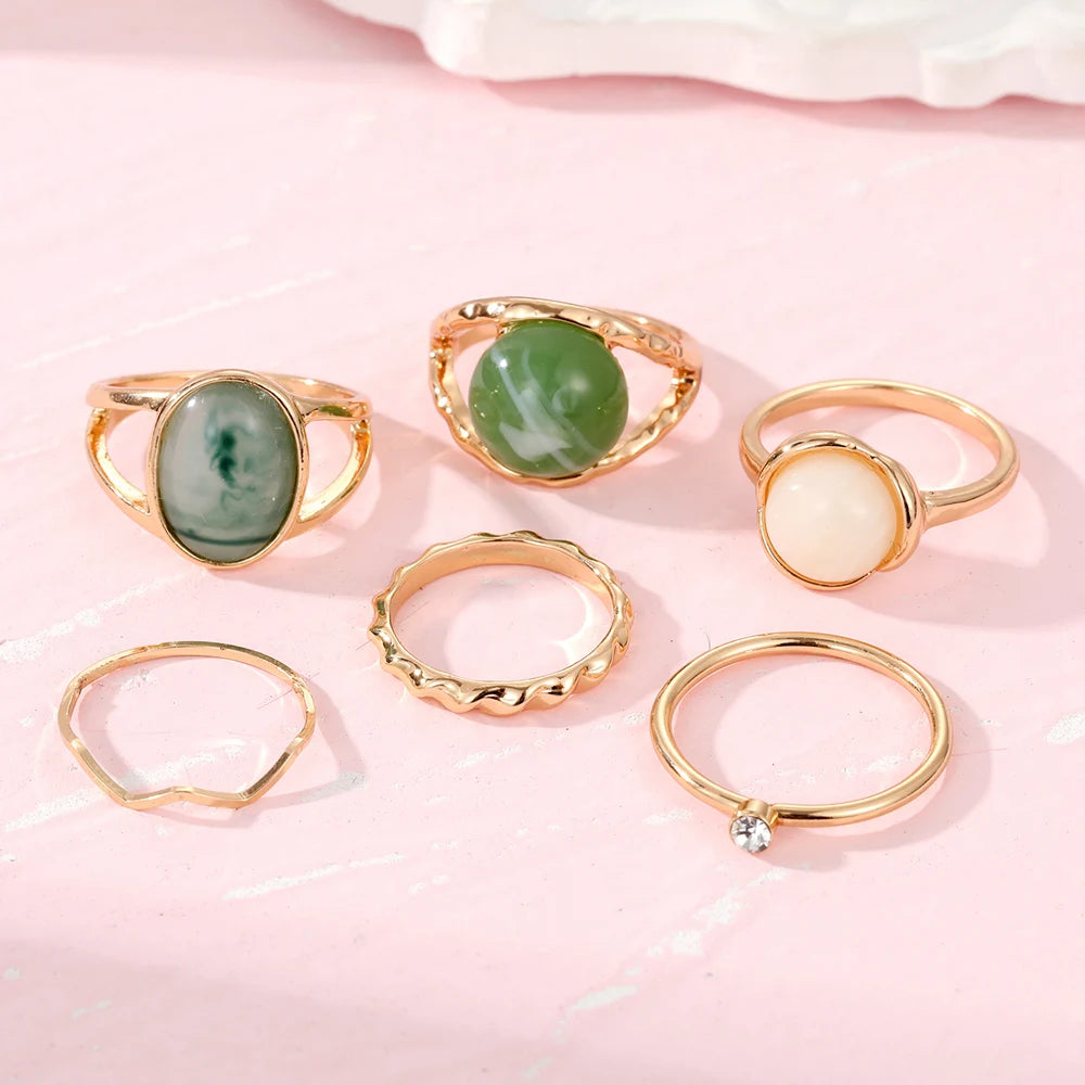 IPARAM Elegant Emerald White Man-made Rings Set for Women Vintage Crystal Geometric Finger Ring  Jewelry