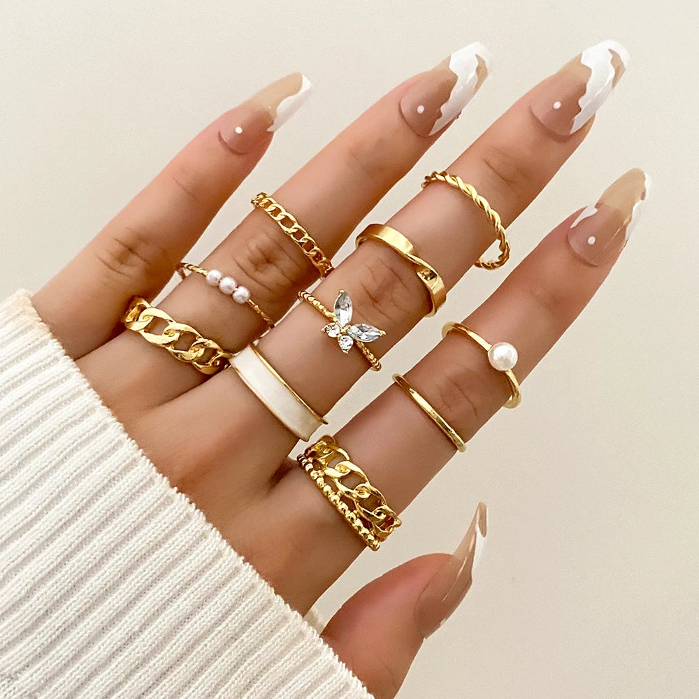 IPARAM  Gold Color Metal Rings Set for Women Crystal Butterfly Pearl Geometric Chain Punk Finger Ring Party Gift Jewelry