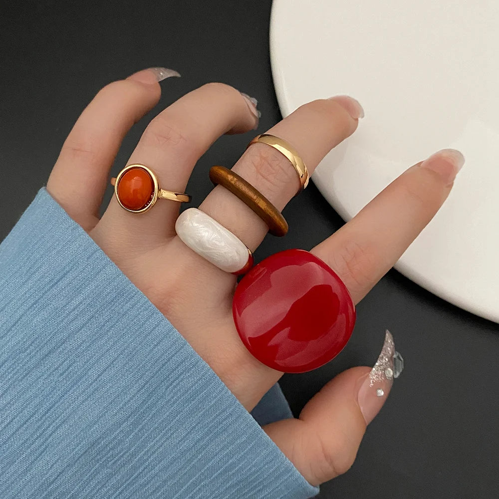 IPARAM  Trendy Rings Set for Women Exaggerated Red Resin Enamel Wooden Geometric Finger Ring Punk  Jewelry