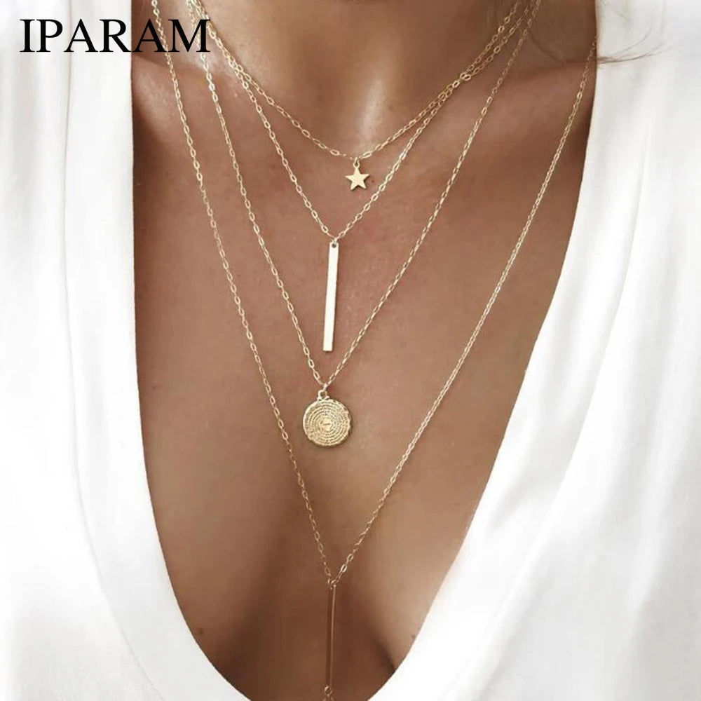 IPARAM Vintage Bohemian Multilayer Round Star Necklace Ladies Layered Gold Color Long Rod Pendant  Collar Costume Jewelry