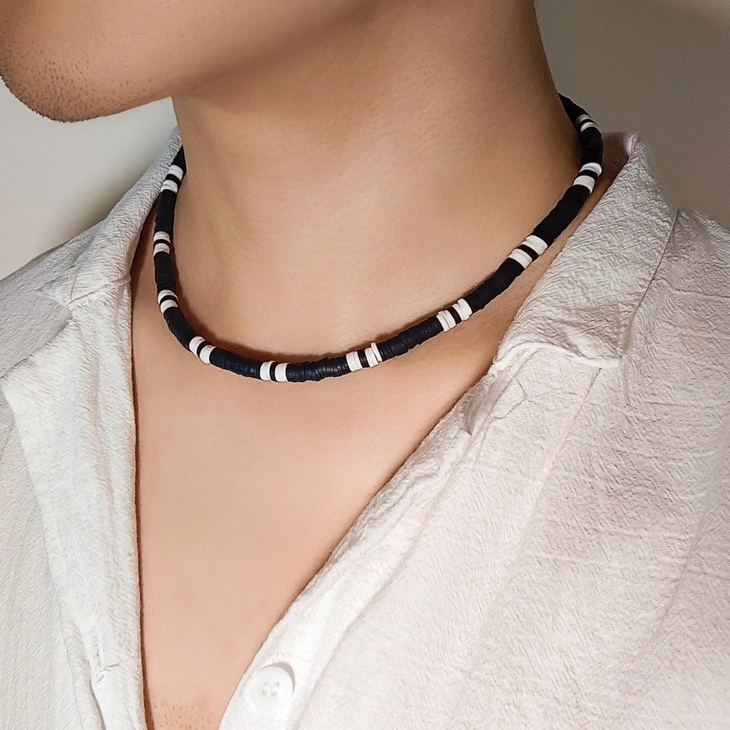 IngeSight.Z Minimalist Black White Color Soft Clay Beads Choker Necklaces for Women Men Statement Collar Necklaces Jewelry Gifts