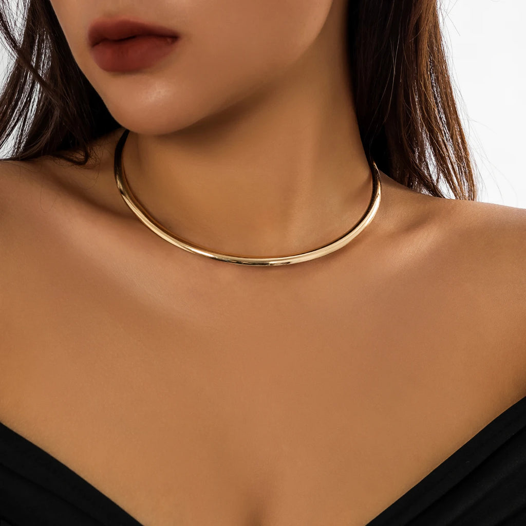 IngeSight.Z Punk Smooth Metal Round Torques Choker Necklace for Women Simple Gold Color Collar Necklace Party Jewelry Gift