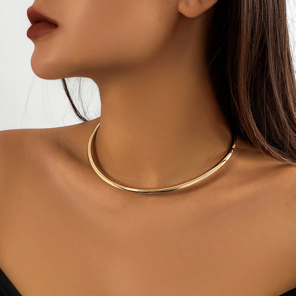 IngeSight.Z Punk Smooth Metal Round Torques Choker Necklace for Women Simple Gold Color Collar Necklace Party Jewelry Gift
