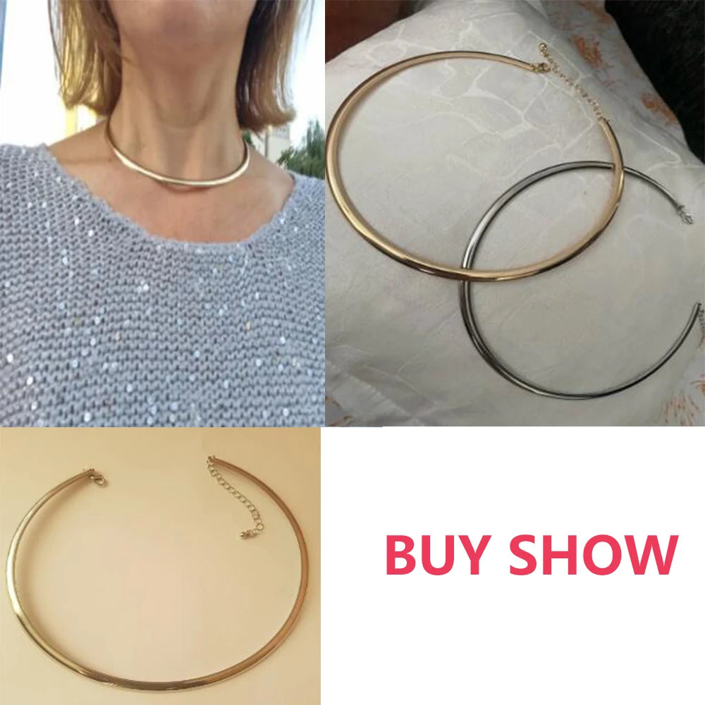 IngeSight.Z Punk Smooth Metal Round Torques Choker Necklace for Women Simple Gold Color Collar Necklace Party Jewelry Gift