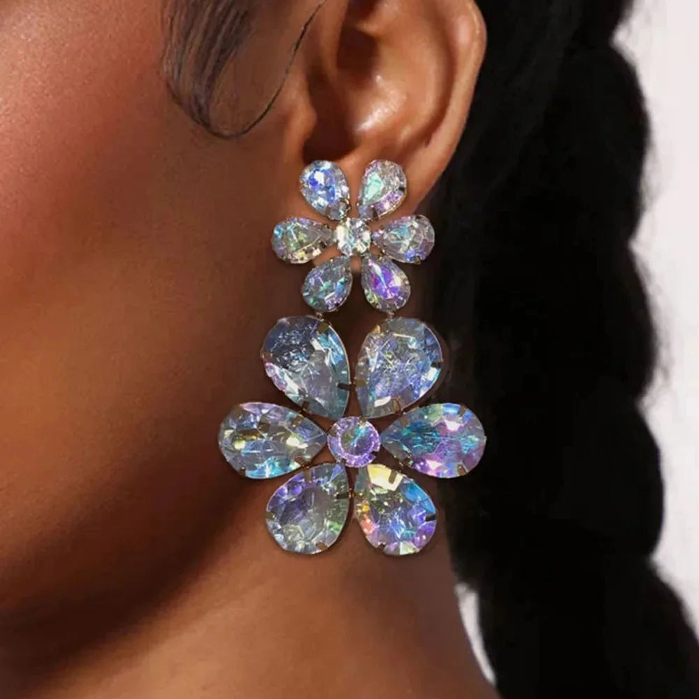 Ins AB Color Rhinestone Double Flower Earrings for Women Shiny Crystal Stud Earrings Drag Queen Jewelry Accessories